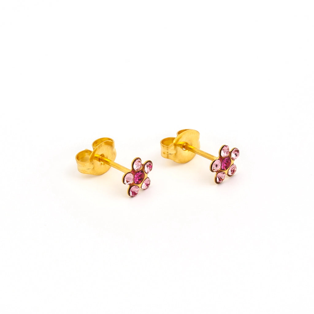 Sensitive™ Sterilized Daisy Cubic Zirconia Fashion Studs – Light Rose + Fuchsia Crystal – Gold-Plated