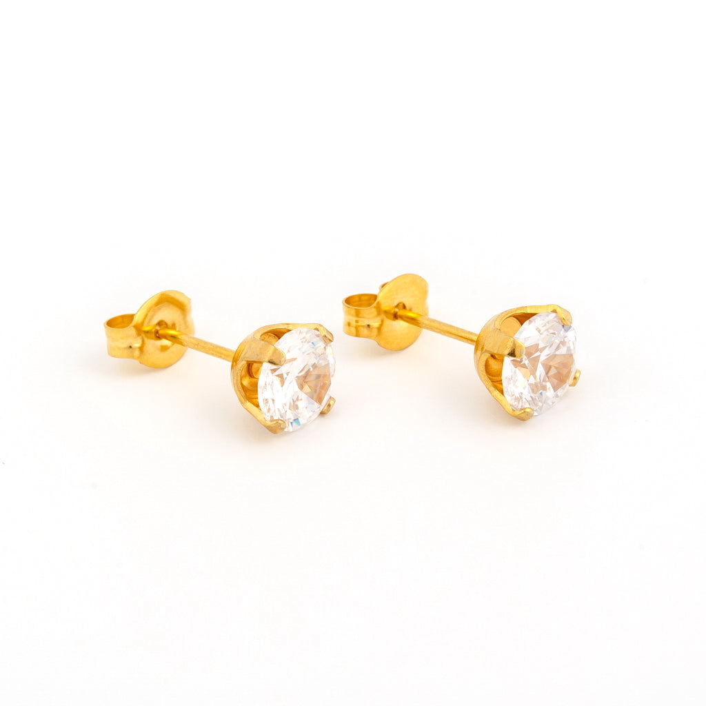 Sensitive™ Sterilized Prong-Set Cubic Zirconia Fashion Studs – 6mm – Gold-Plated