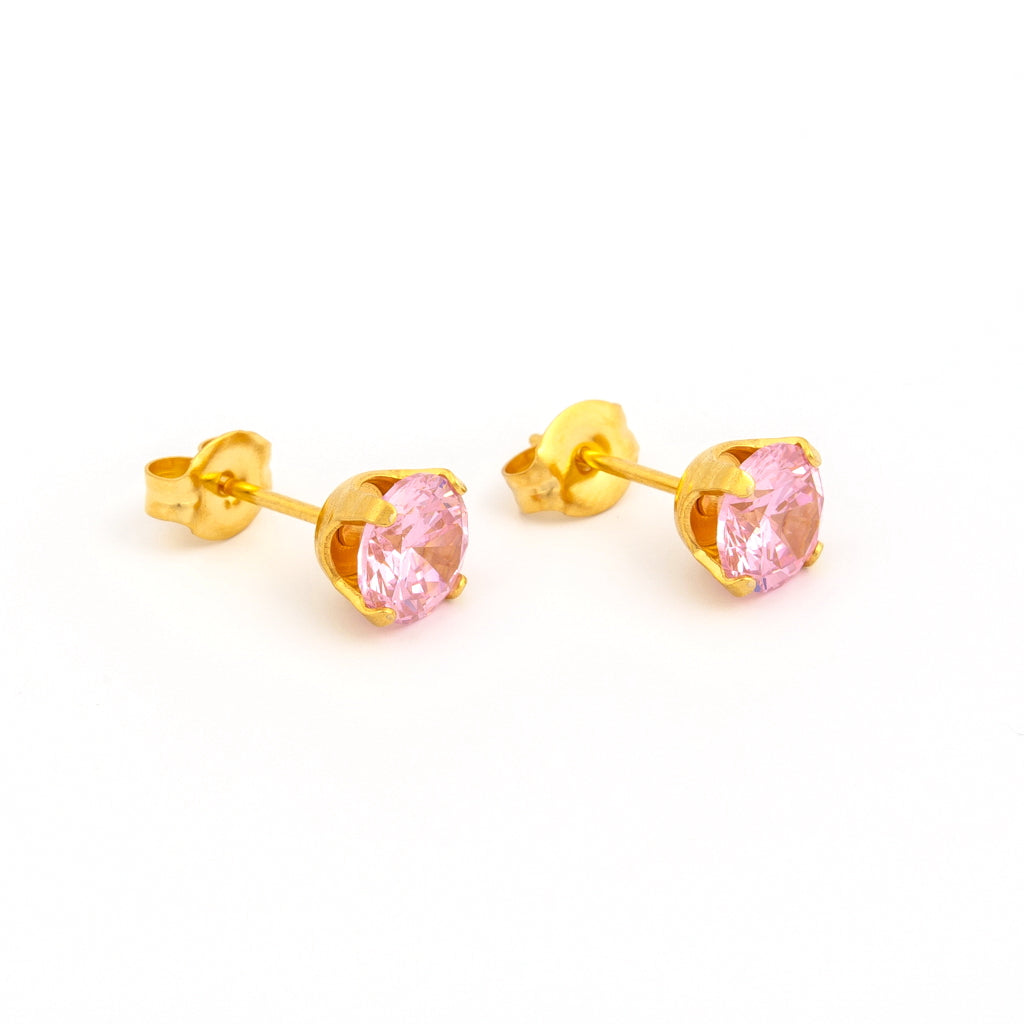 Sensitive™ Sterilized Prong-Set Cubic Zirconia Fashion Studs – 6mm – Pink – Gold-Plated