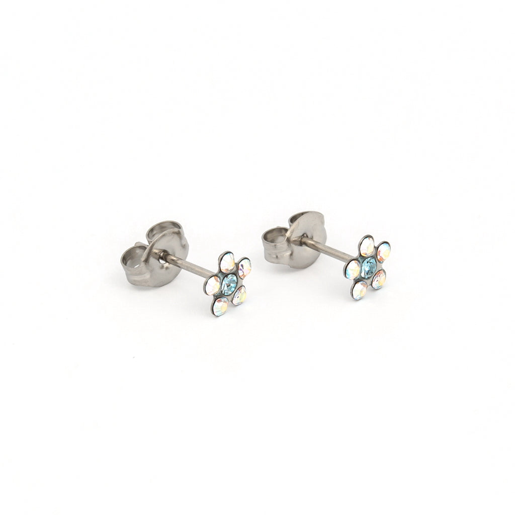 Sensitive™ Sterilized Daisy Cubic Zirconia Fashion Studs – Aurora Borealis Crystal + Aquamarine Crystal – Stainless Steel