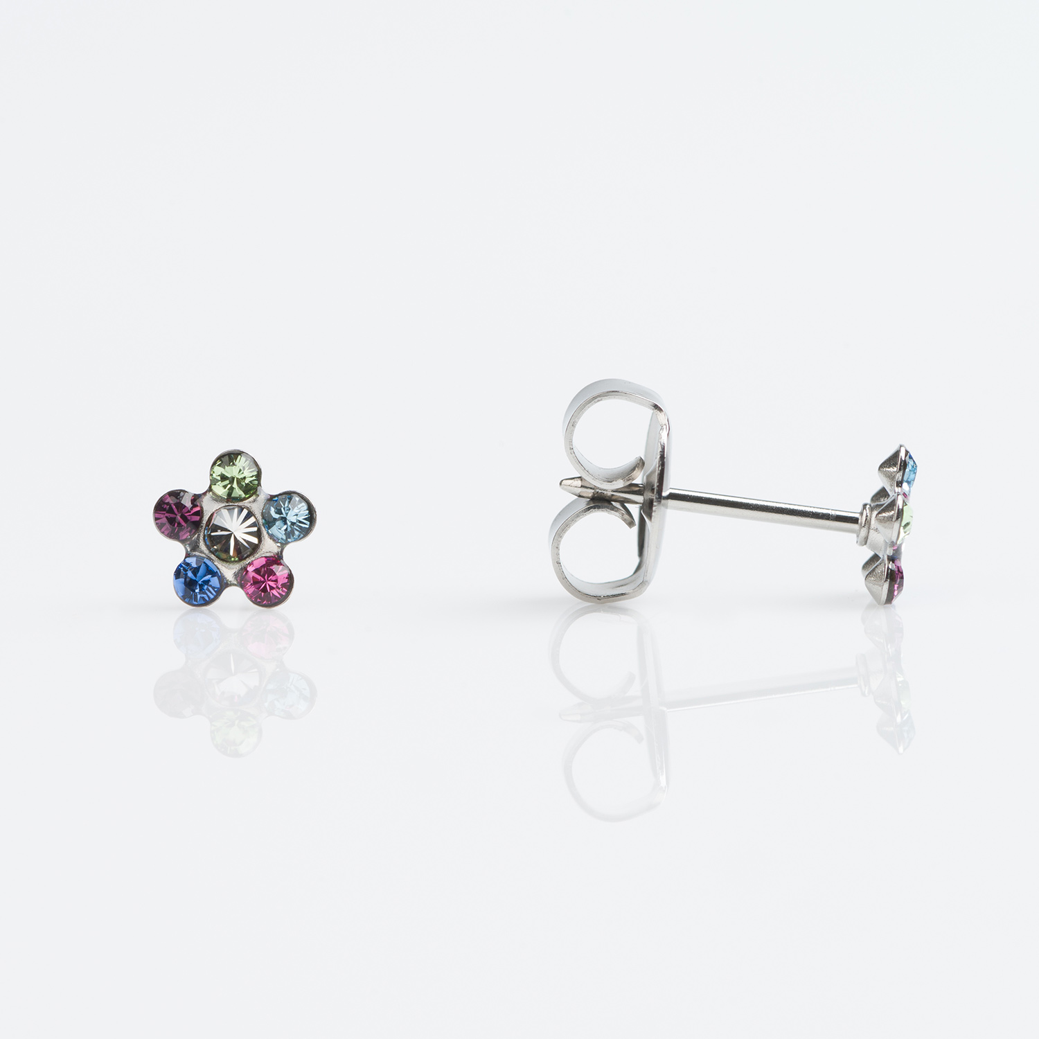 Sensitive™ Sterilized Daisy Cubic Zirconia Fashion Studs – Rainbow Crystal – Stainless Steel