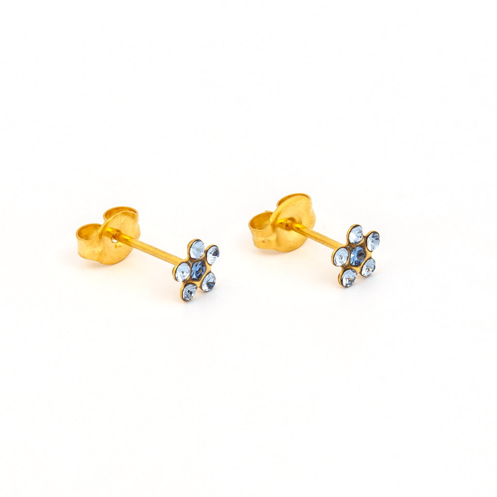 Sensitive™ Sterilized Daisy Cubic Zirconia Fashion Studs – Light Sapphire Crystal + Sapphire Crystal – Gold-Plated