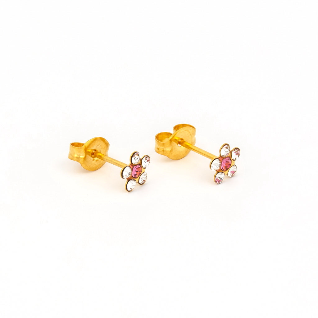 Sensitive™ Sterilized Daisy Cubic Zirconia Fashion Studs – April Crystal + October Rose – Gold-Plated