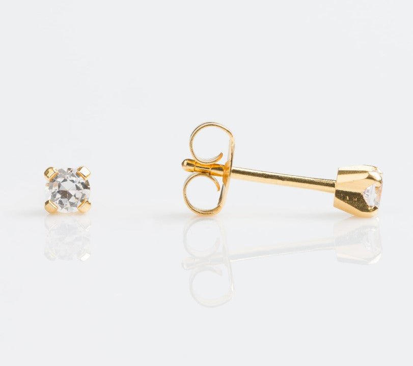 Sensitive™ Sterilized Prong-Set Cubic Zirconia Fashion Studs – 3mm – Gold-Plated