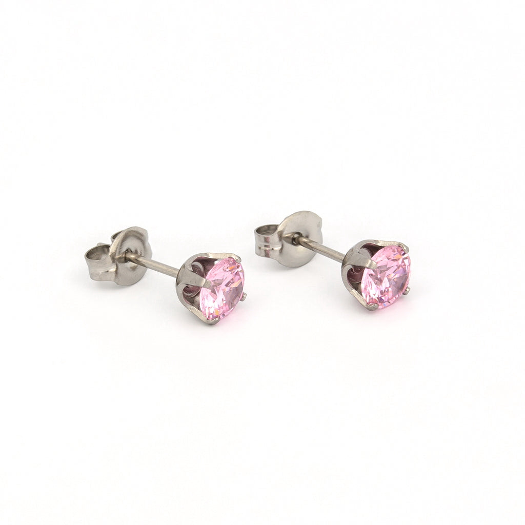 Sensitive™ Sterilized Prong-Set Cubic Zirconia Fashion Studs – 5mm – Pink – Stainless Steel