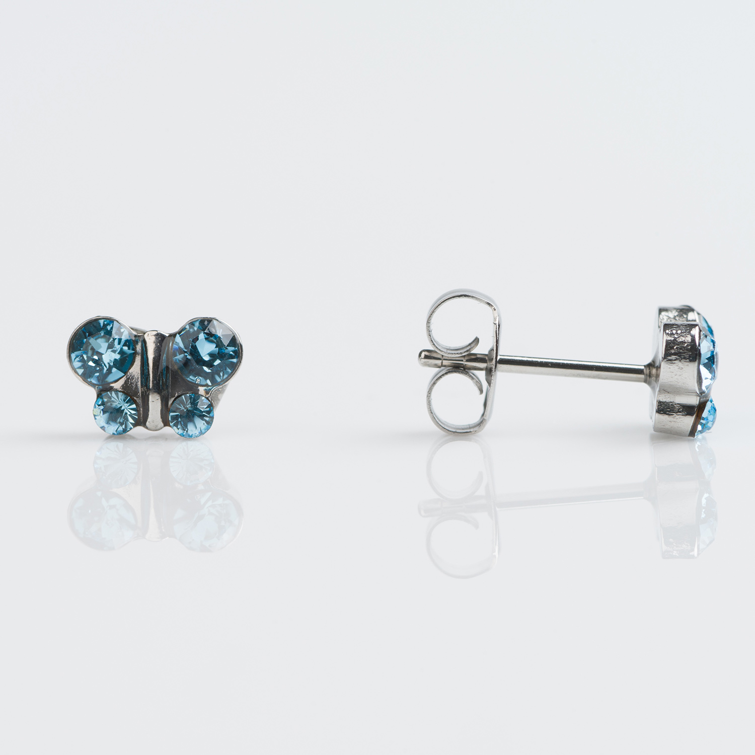 Sensitive™ Puff Pad Fashion Studs – Butterfly – March Aquamarine Crystal – Stainless Steel
