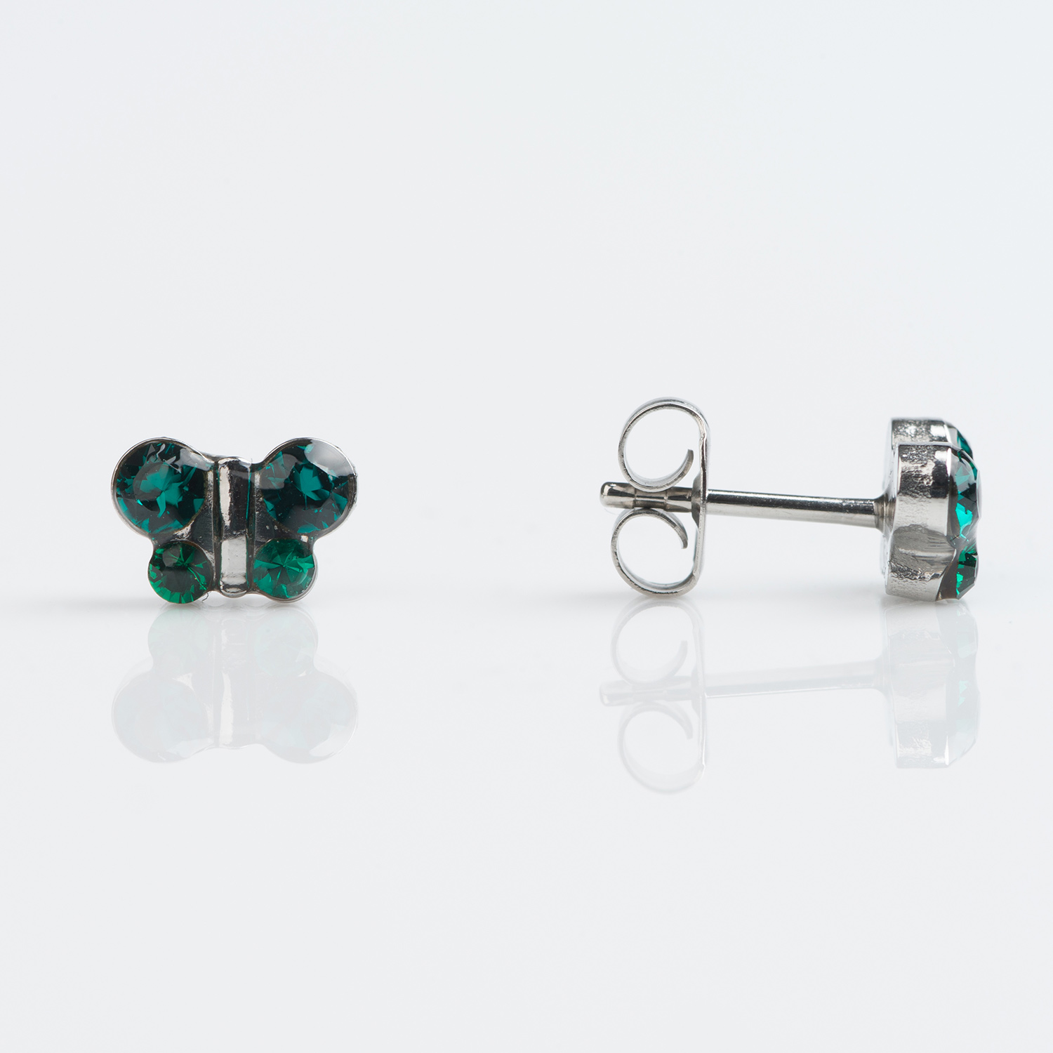 Sensitive™ Puff Pad Fashion Studs – Butterfly – May Emerald – Stainless Steel