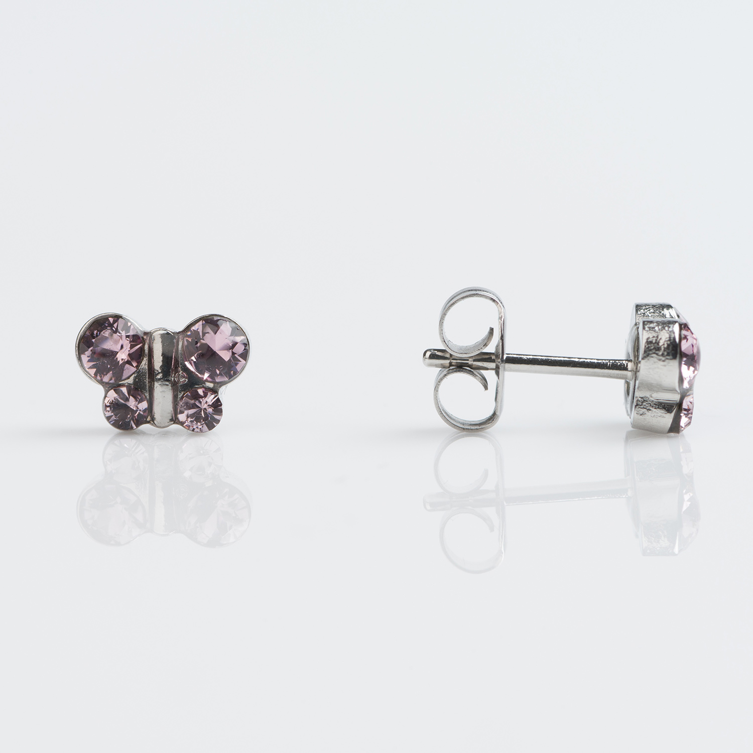 Sensitive™ Puff Pad Fashion Studs – Butterfly – Light Amethyst Crystal – Stainless Steel