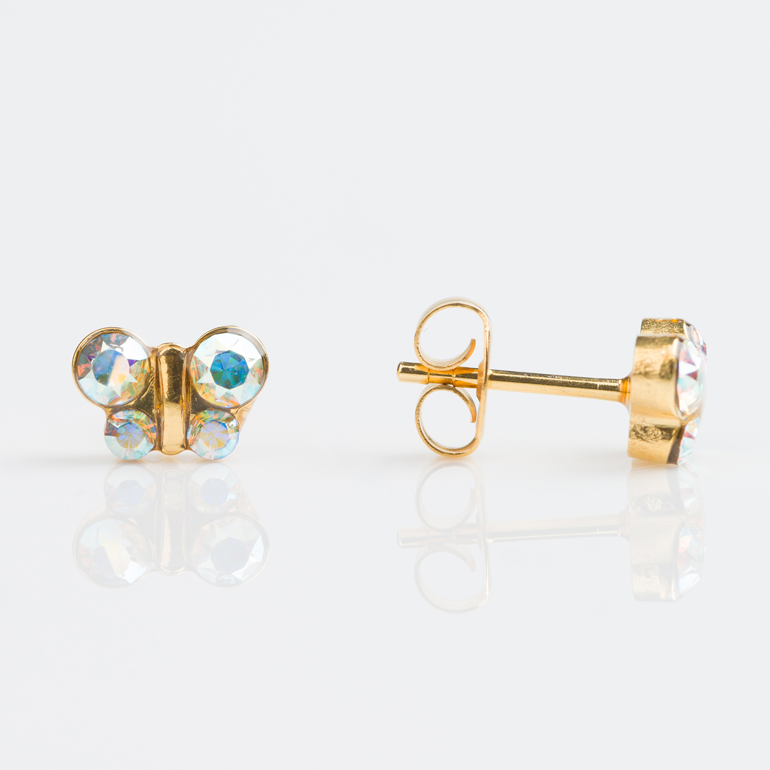 Sensitive™ Puff Pad Fashion Studs – Butterfly – Aurora Borealis Crystal – Gold-Plated