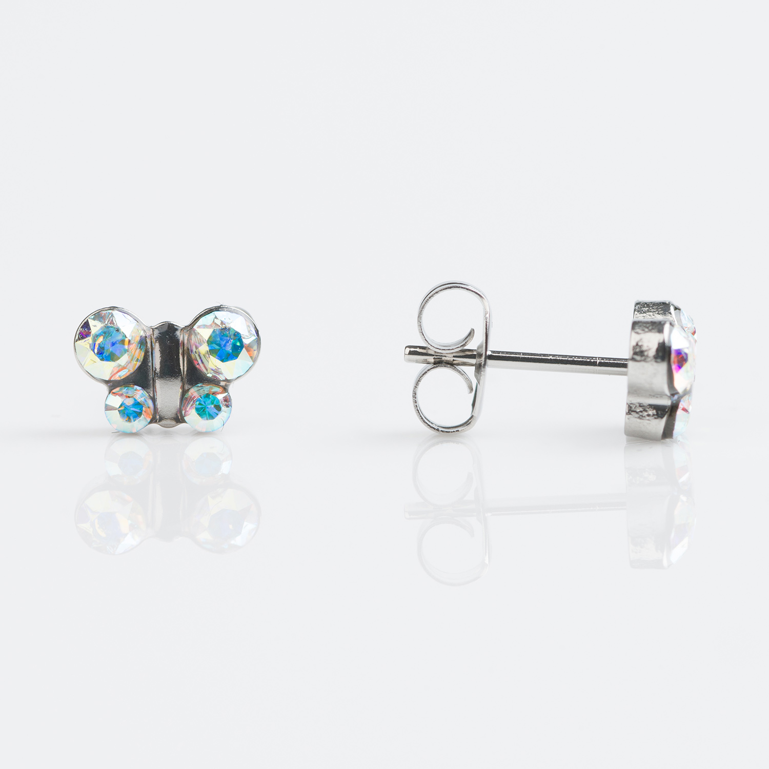 Sensitive™ Puff Pad Fashion Studs – Butterfly – Aurora Borealis Crystal – Stainless Steel