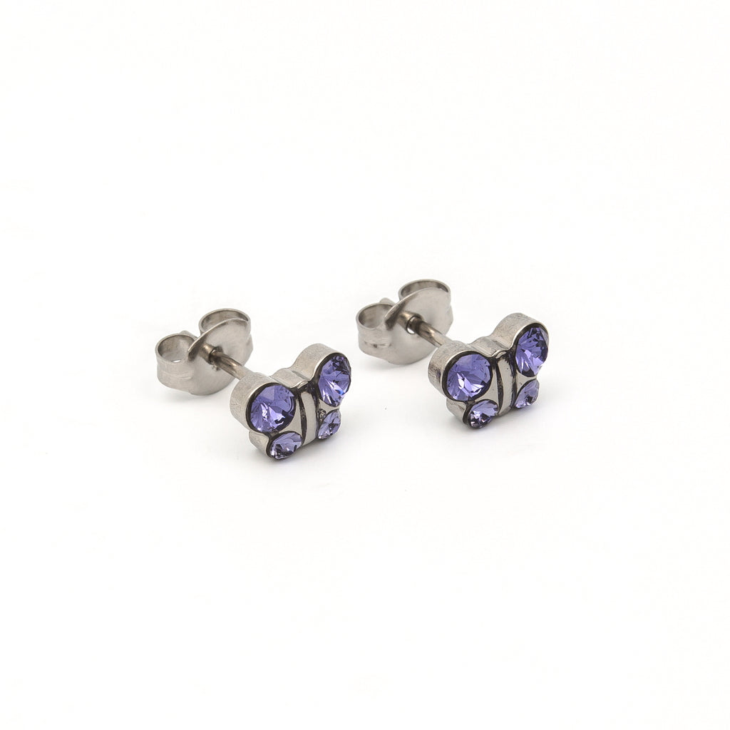 Sensitive™ Puff Pad Fashion Studs – Butterfly – Tanzanite Crystal – Stainless Steel
