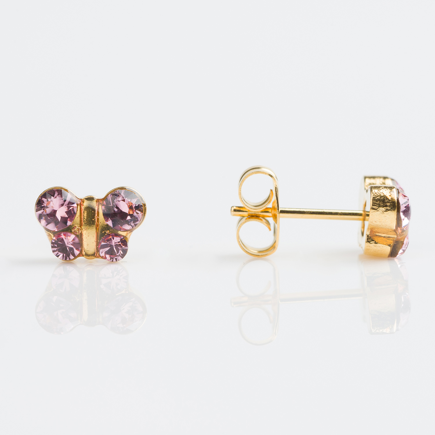 Sensitive™ Puff Pad Fashion Studs – Butterfly – Light Rose Crystal – Gold-Plated