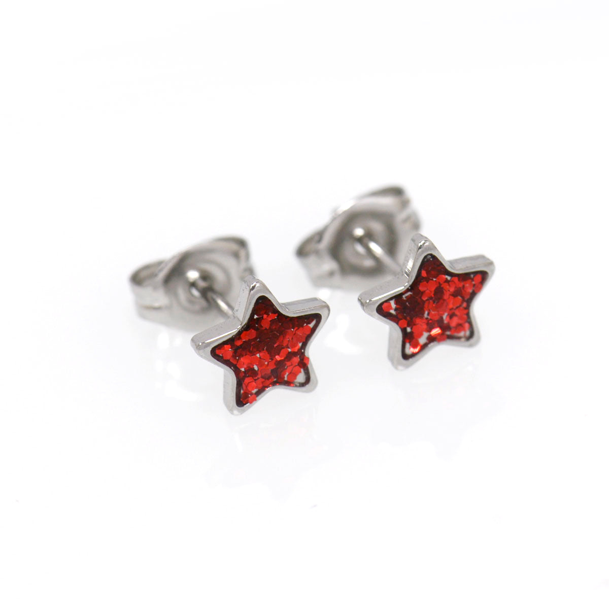 Sensitive™ Puff Pad Fashion Studs – Red Glitter Star – Stainless Steel
