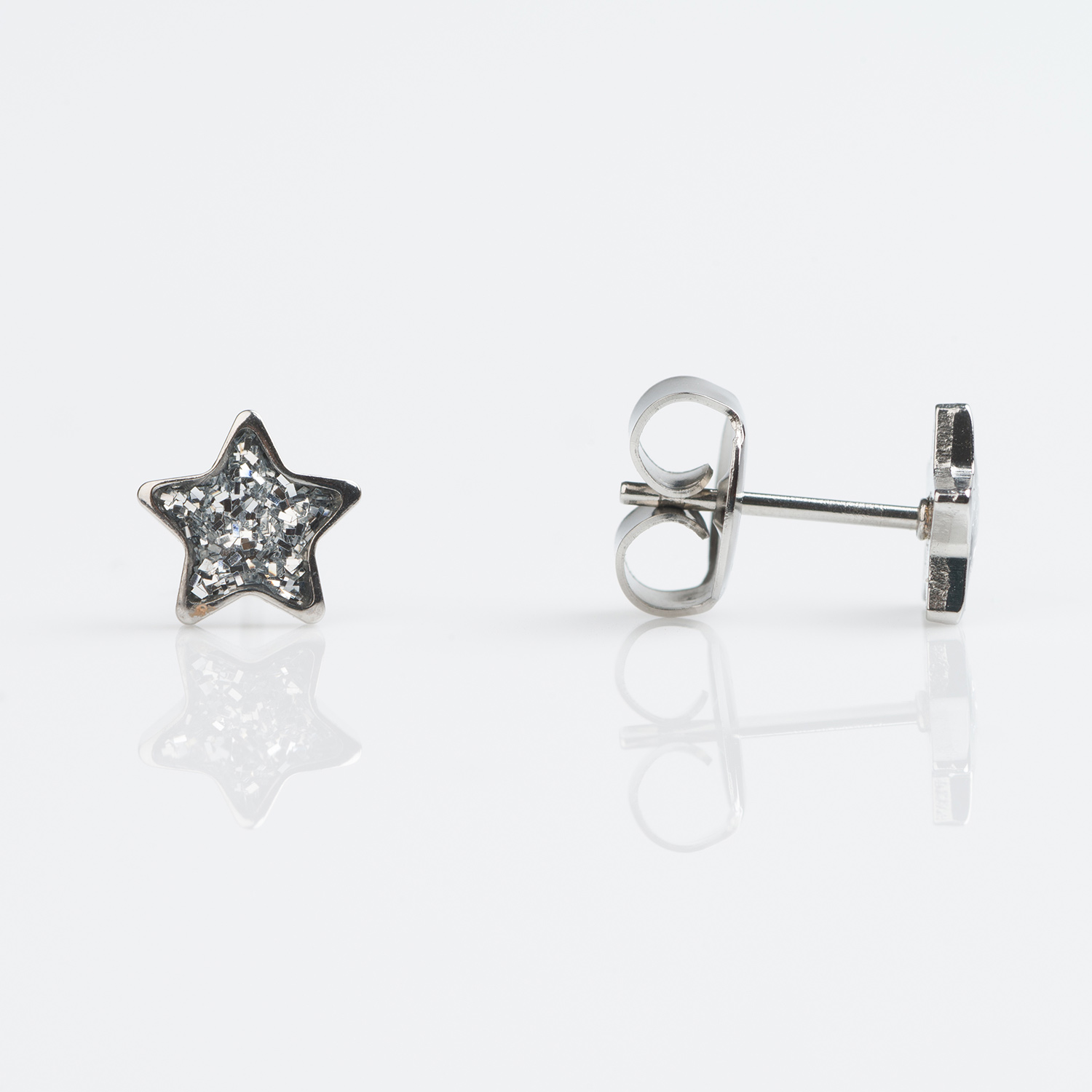 Sensitive™ Puff Pad Fashion Studs – Clear Glitter Star – Stainless Steel