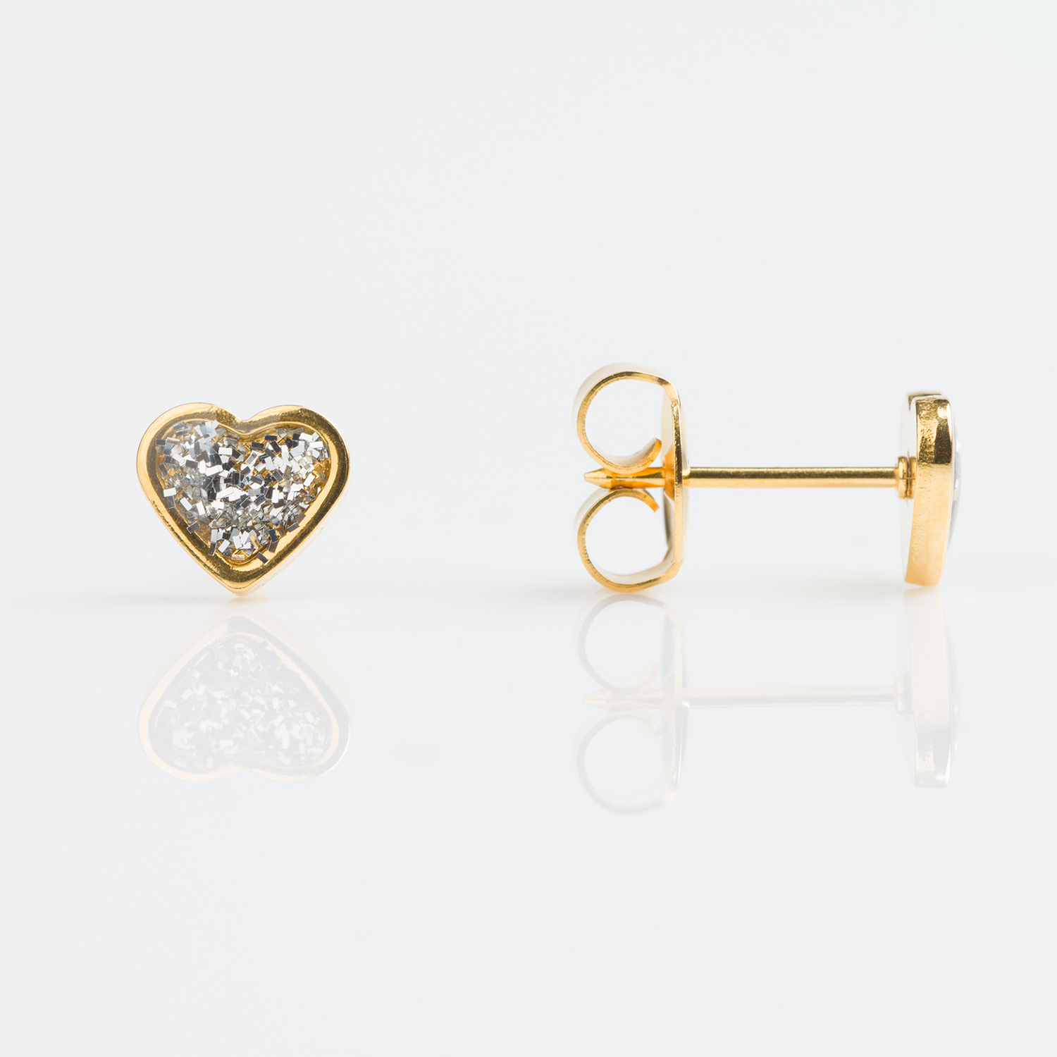 Sensitive™ Puff Pad Fashion Studs – Clear Glitter Heart – Gold-Plated – 6mm