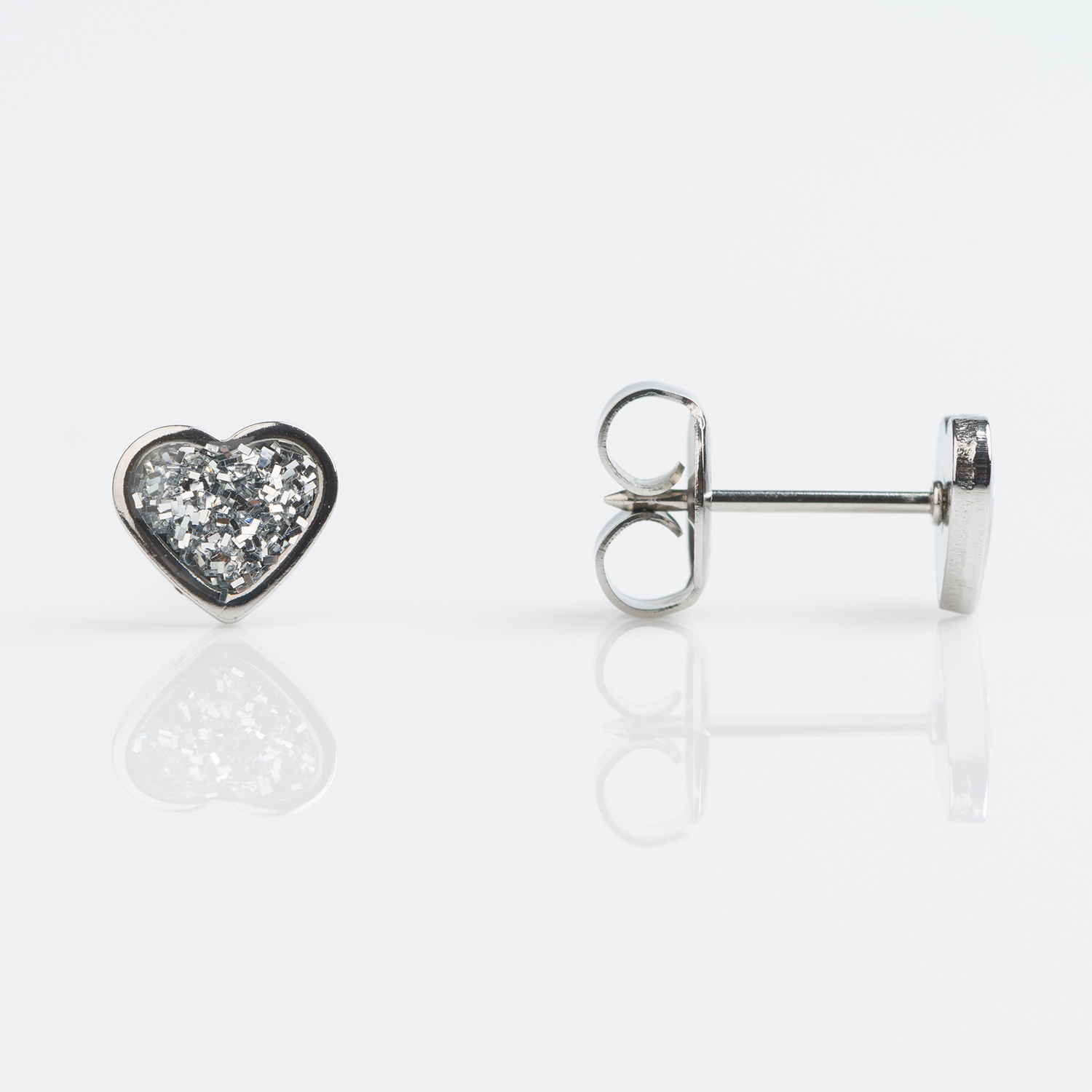 Sensitive™ Puff Pad Fashion Studs – Clear Glitter Heart – Stainless Steel – 6mm