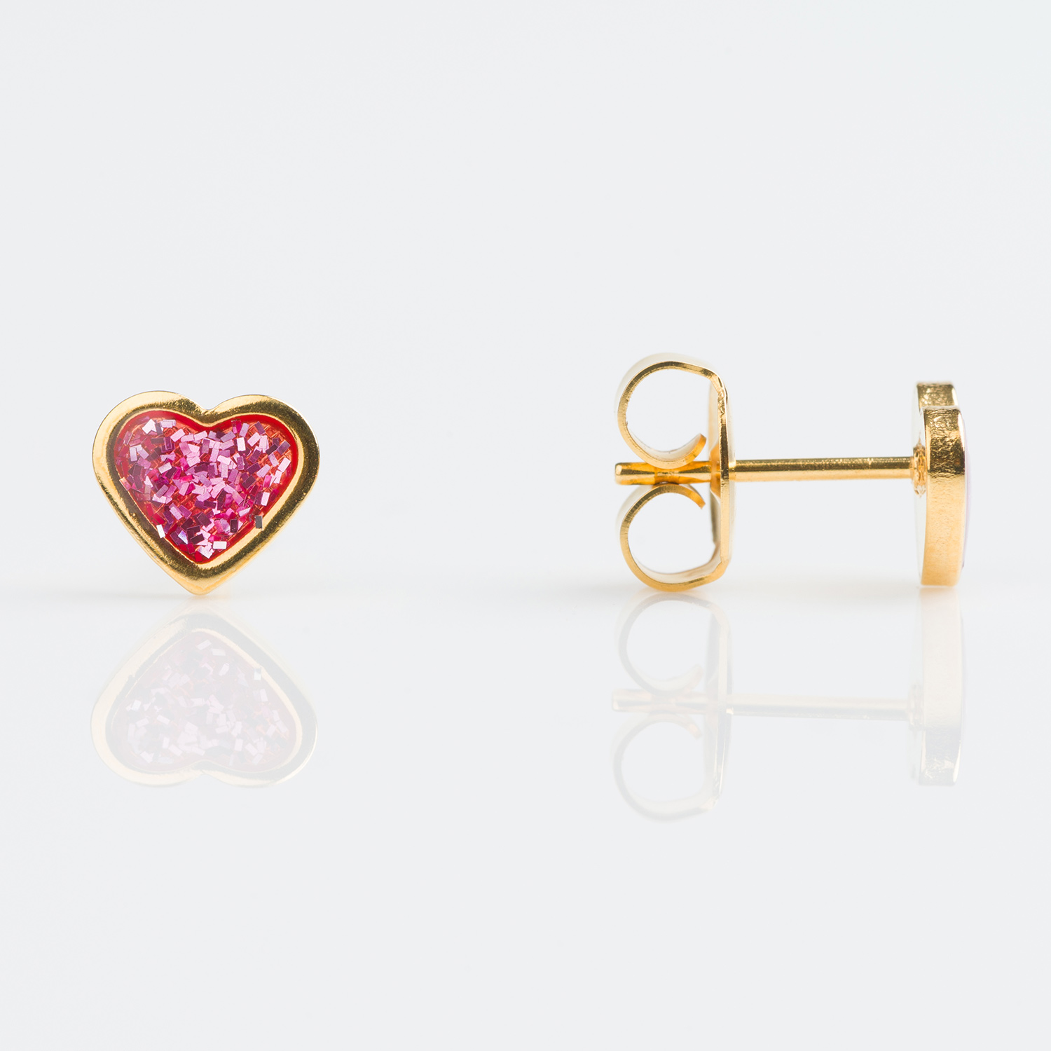 Sensitive™ Puff Pad Fashion Studs – Pink Glitter Heart – Gold-Plated – 6mm