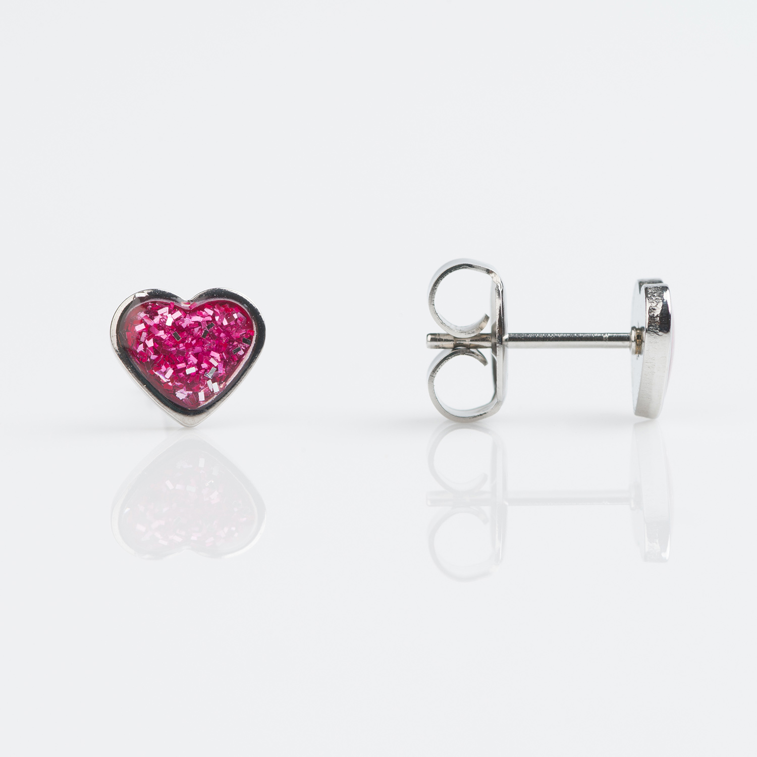 Sensitive™ Puff Pad Fashion Studs – Pink Glitter Heart – Stainless Steel – 6mm