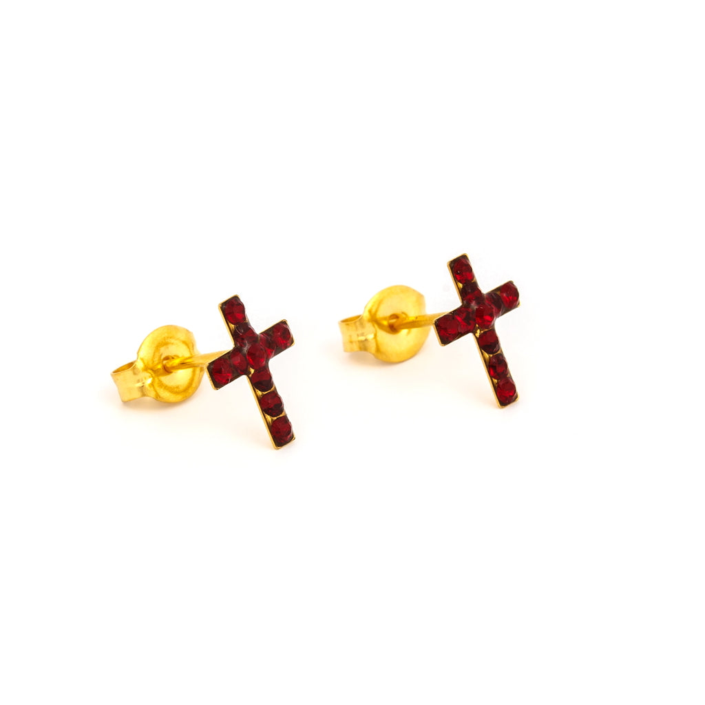 Sensitive™ Puff Pad Fashion Studs – Cross – Siam Crystal – Gold-Plated