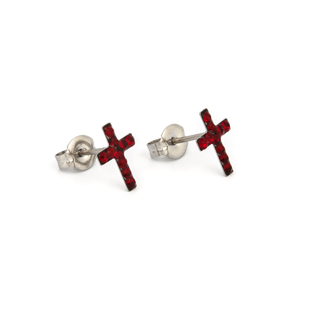 Sensitive™ Puff Pad Fashion Studs – Cross – Siam Crystal – Stainless Steel