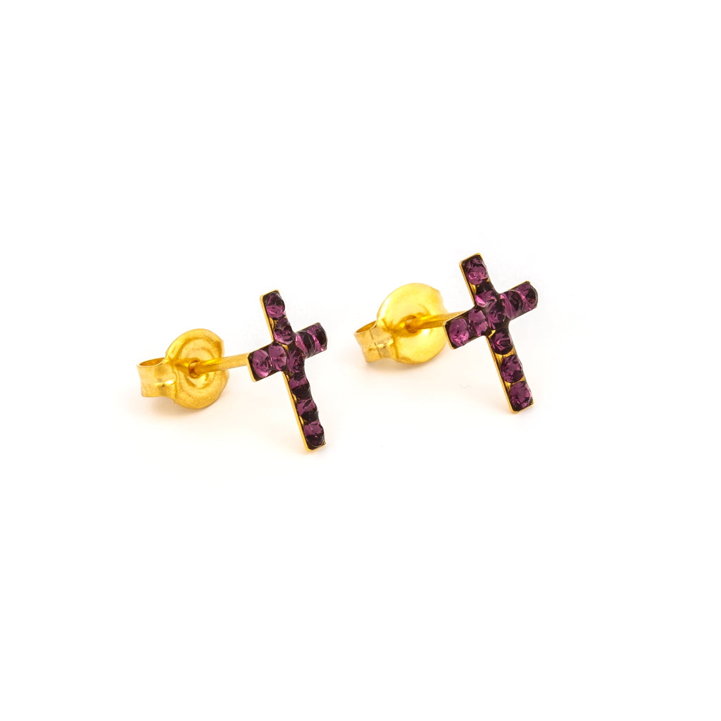 Sensitive™ Puff Pad Prong-Set Birthstone Fashion Studs – Cross – February Amethyst Crystal – Gold-Plated