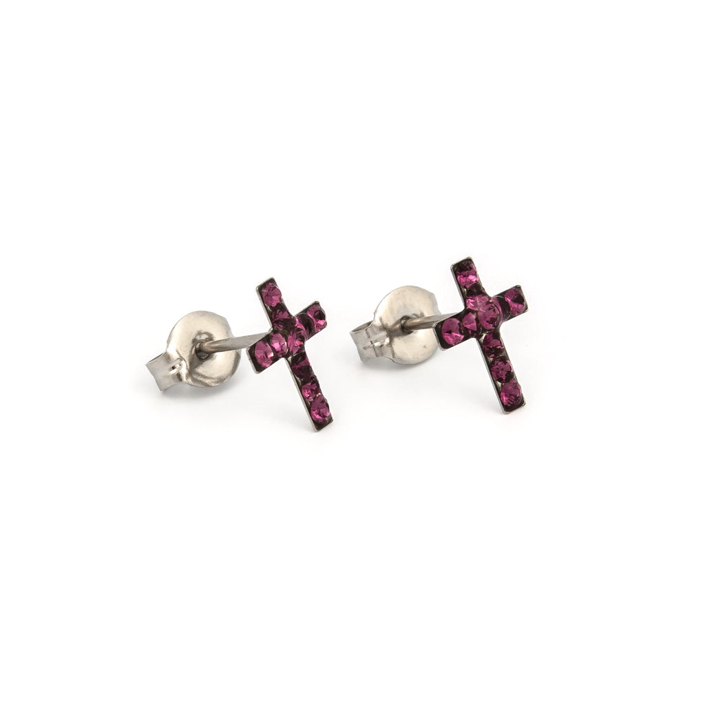 Sensitive™ Puff Pad Prong-Set Birthstone Fashion Studs – Cross – February Amethyst Crystal – Stainless Steel