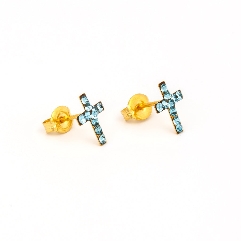 Sensitive™ Puff Pad Prong-Set Birthstone Fashion Studs – Cross – March Aquamarine Crystal – Gold-Plated