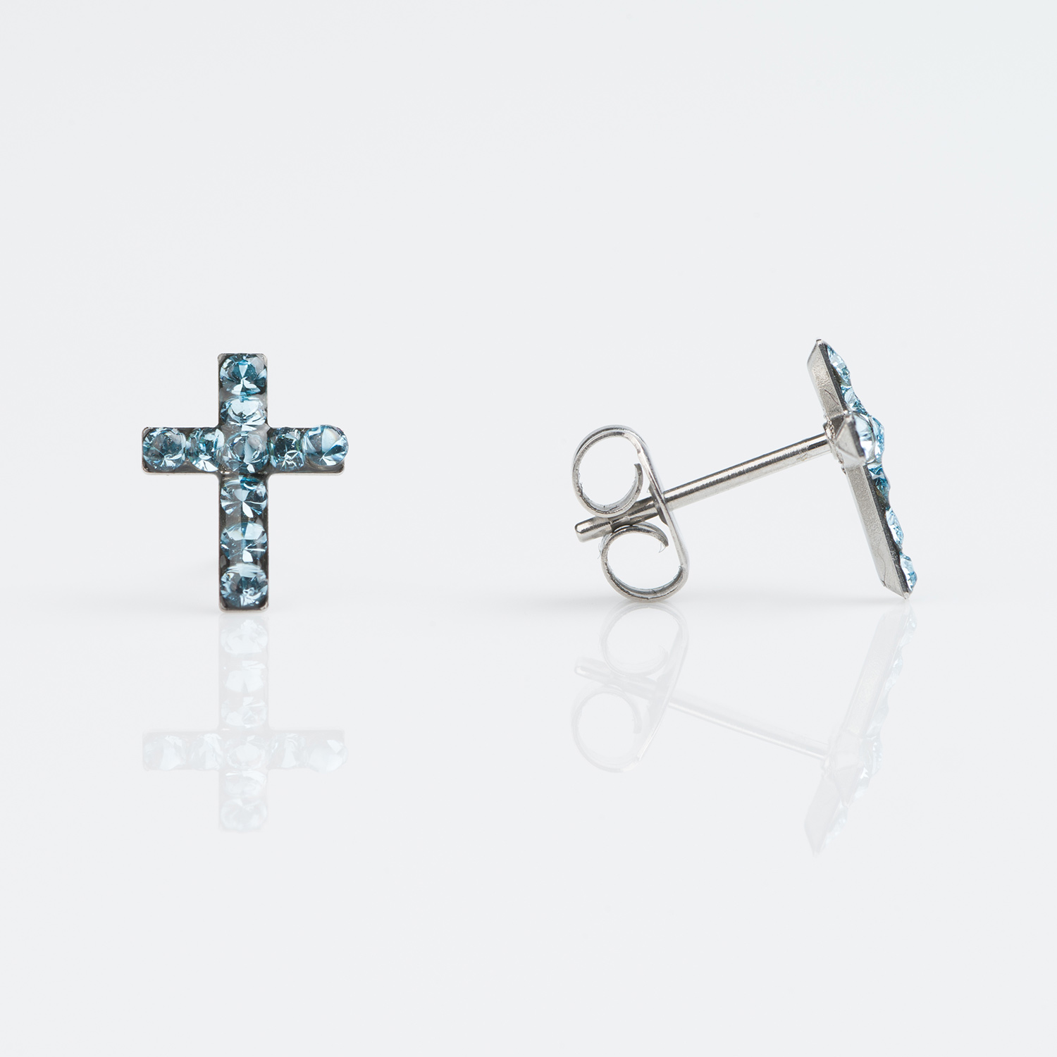 Sensitive™ Puff Pad Prong-Set Birthstone Fashion Studs – Cross – March Aquamarine Crystal – Stainless Steel