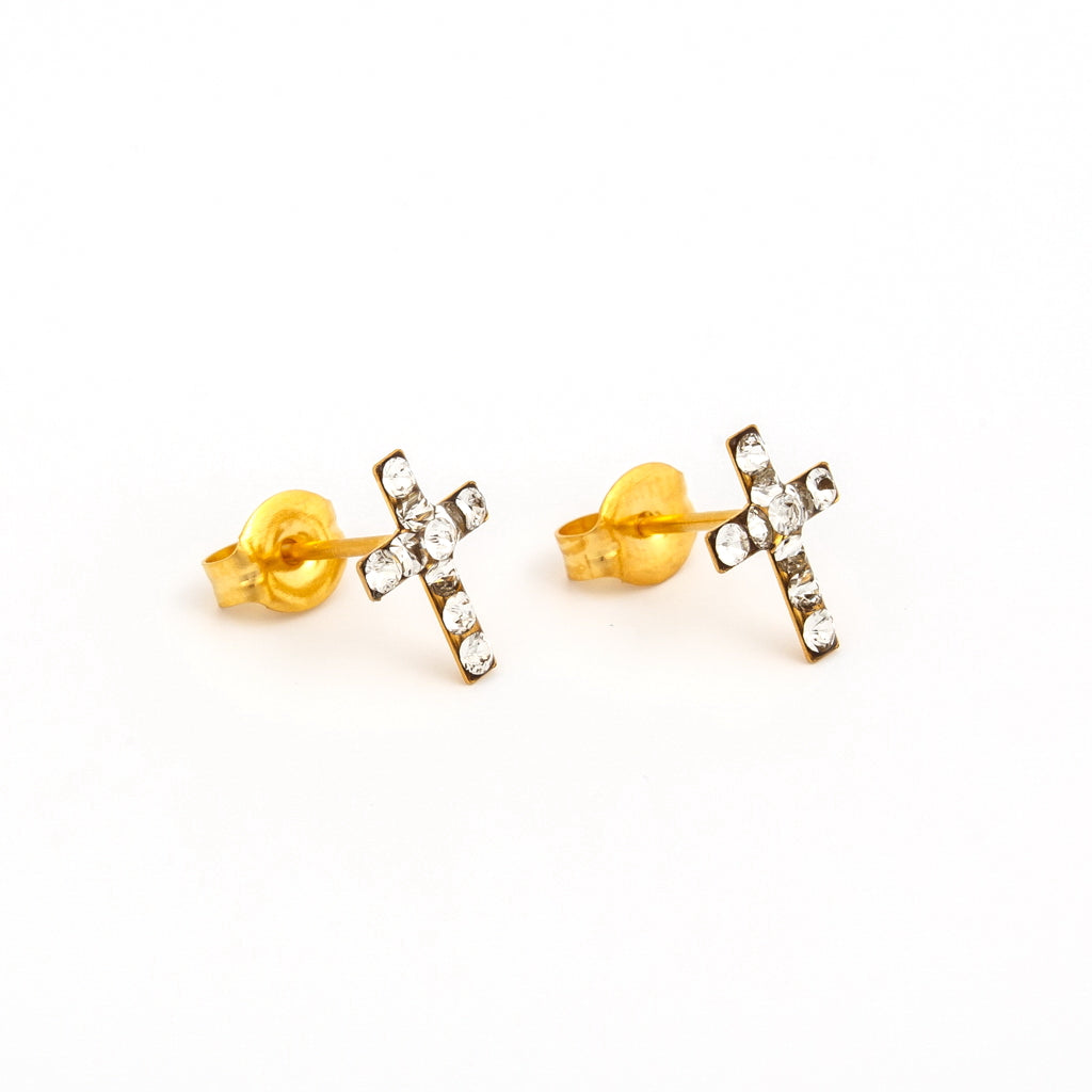 Sensitive™ Puff Pad Prong-Set Birthstone Fashion Studs – Cross – April Crystal – Gold-Plated