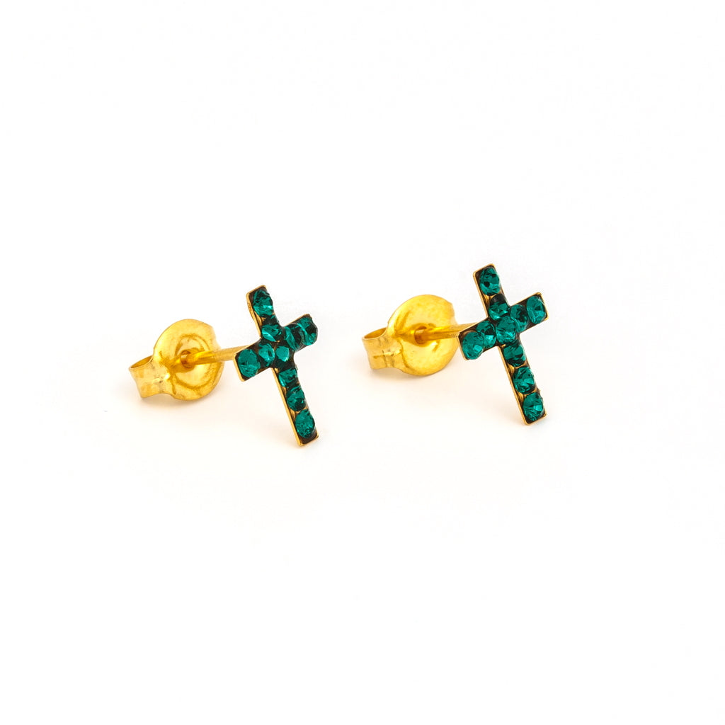 Sensitive™ Puff Pad Prong-Set Birthstone Fashion Studs – Cross – May Emerald Crystal – Gold-Plated