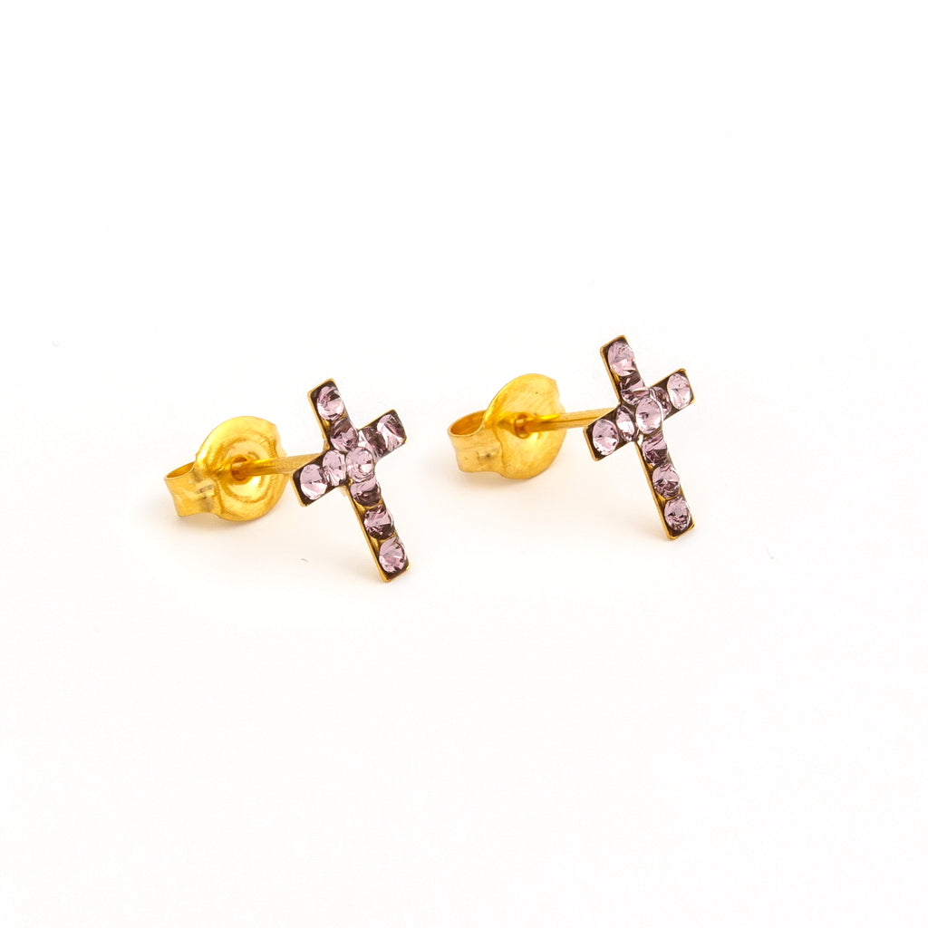 Sensitive™ Puff Pad Fashion Studs – Cross – Light Amethyst Crystal – Gold-Plated