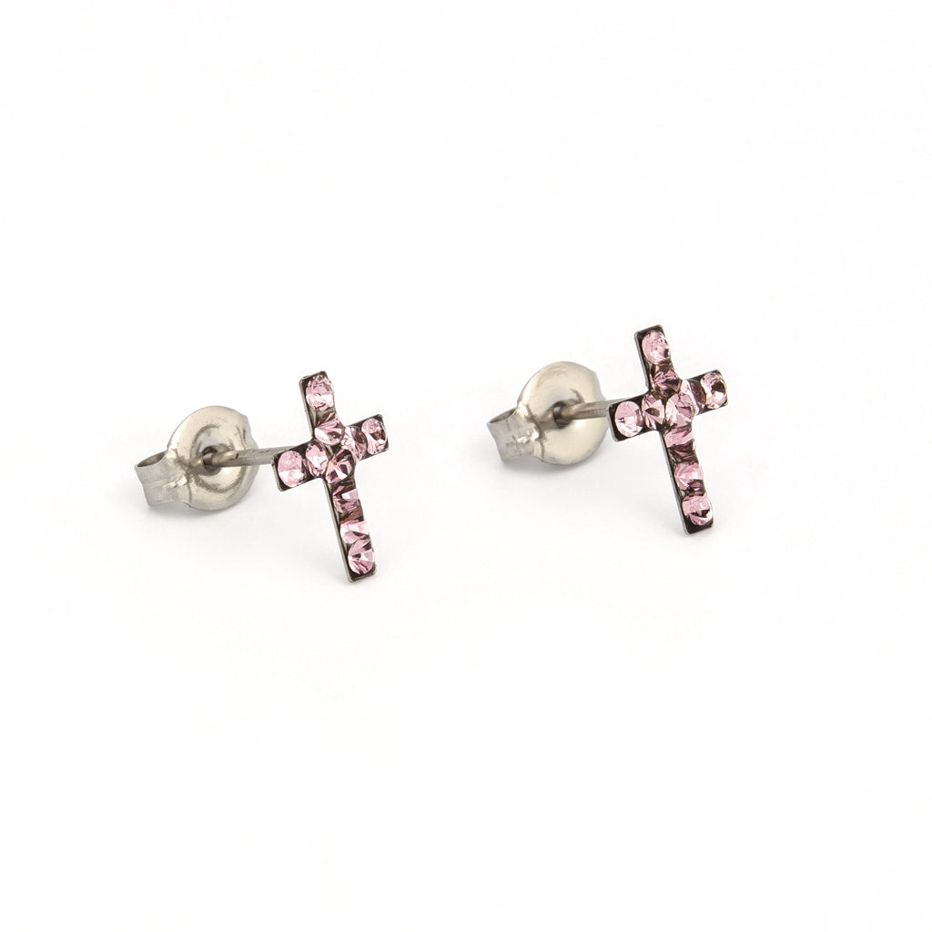 Sensitive™ Puff Pad Fashion Studs – Cross – Light Amethyst Crystal – Stainless Steel