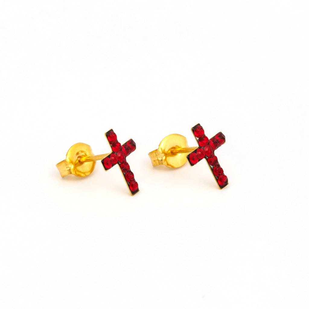 Sensitive™ Puff Pad Fashion Studs – Cross – Light Siam Crystal – Gold-Plated