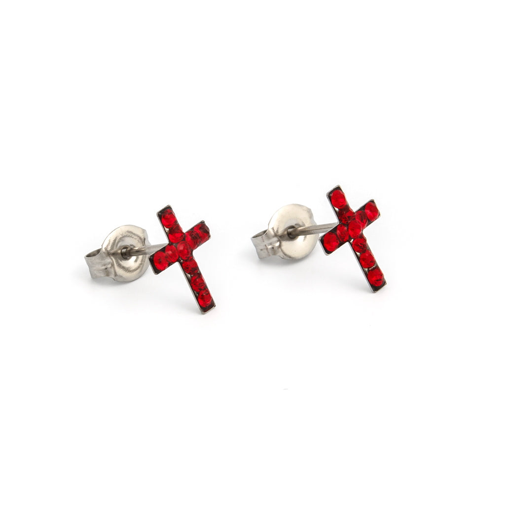 Sensitive™ Puff Pad Fashion Studs – Cross – Light Siam Crystal – Stainless Steel