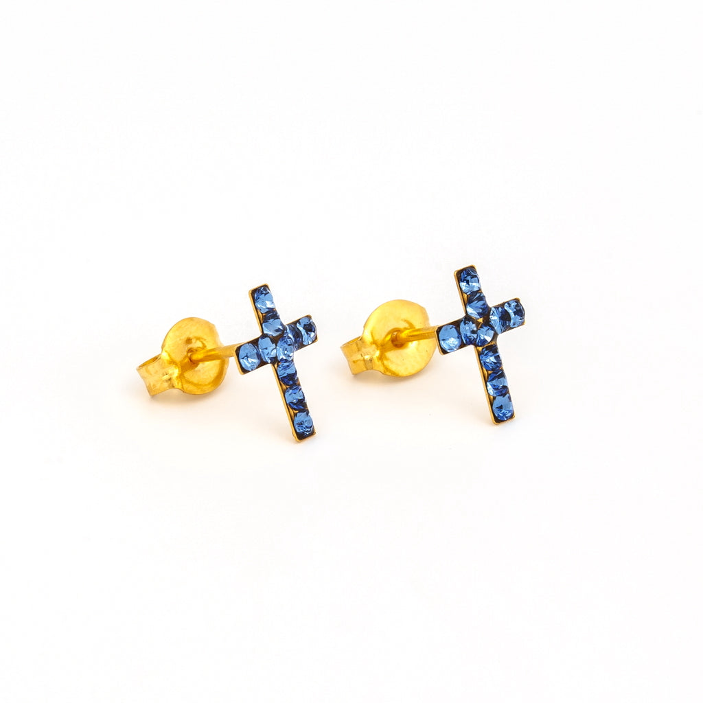 Sensitive™ Puff Pad Prong-Set Birthstone Fashion Studs – Cross – September Sapphire Crystal – Gold-Plated