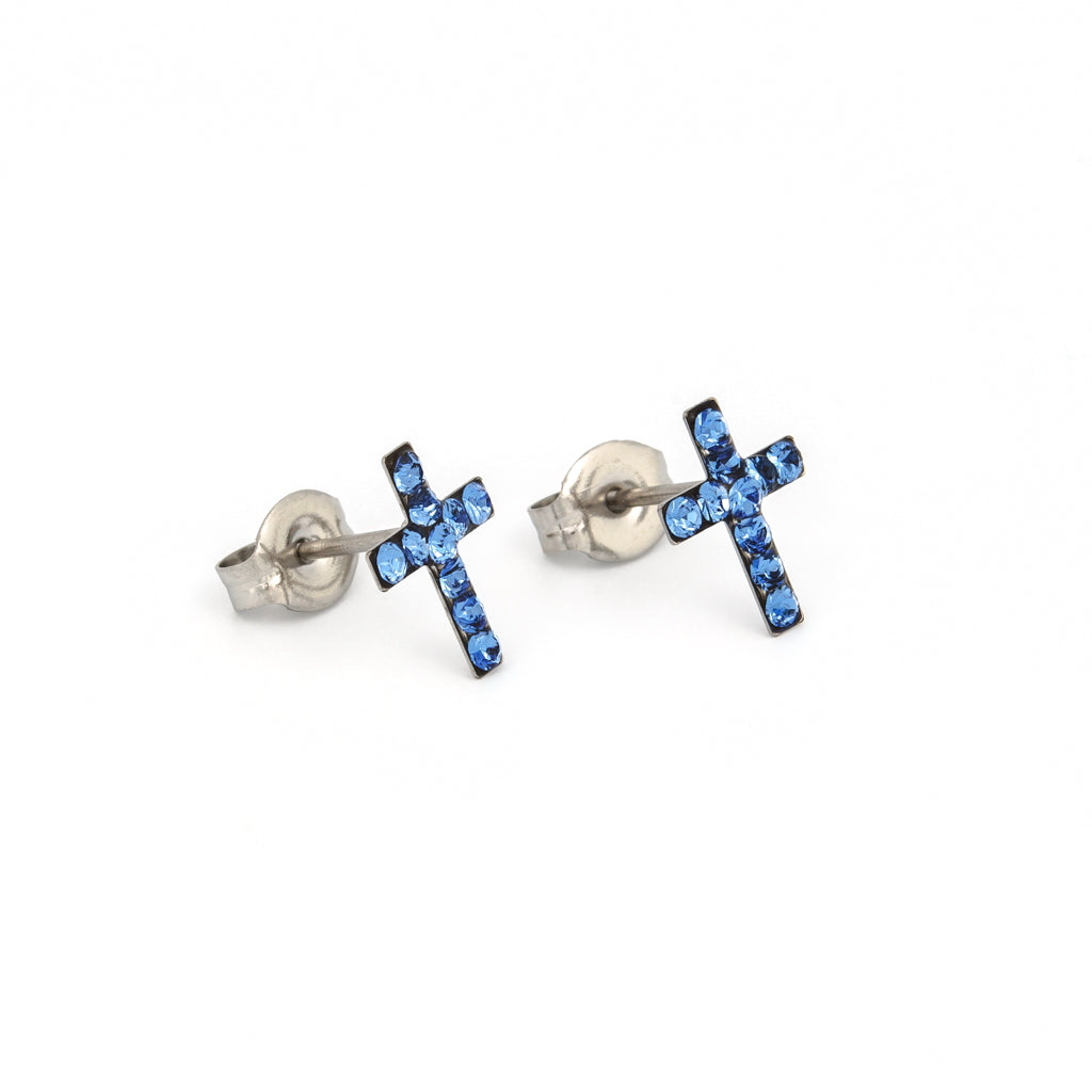 Sensitive™ Puff Pad Prong-Set Birthstone Fashion Studs – Cross – September Sapphire Crystal – Stainless Steel
