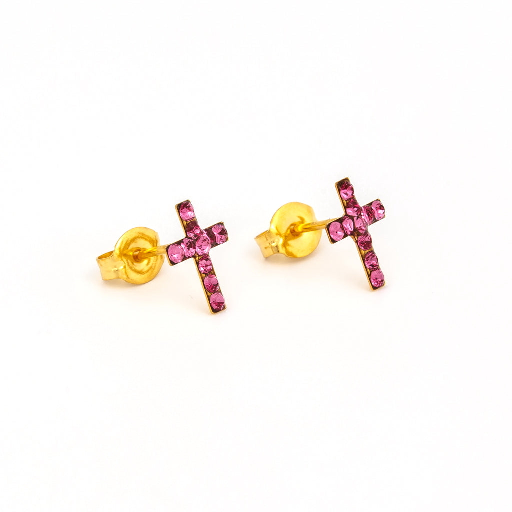 Sensitive™ Puff Pad Prong-Set Birthstone Fashion Studs – Cross – October Rose Crystal – Gold-Plated