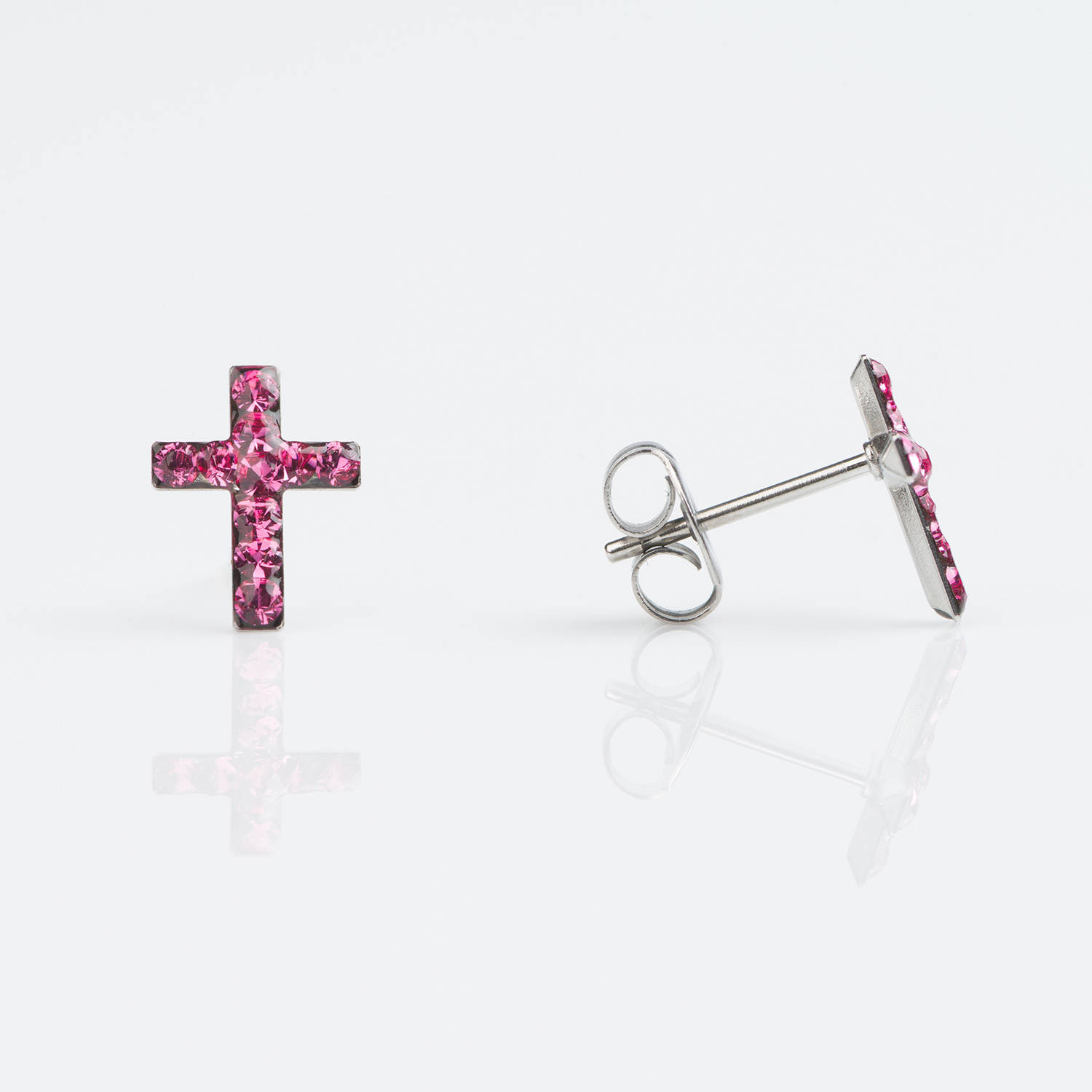 Sensitive™ Puff Pad Prong-Set Birthstone Fashion Studs – Cross – October Rose Crystal – Stainless Steel