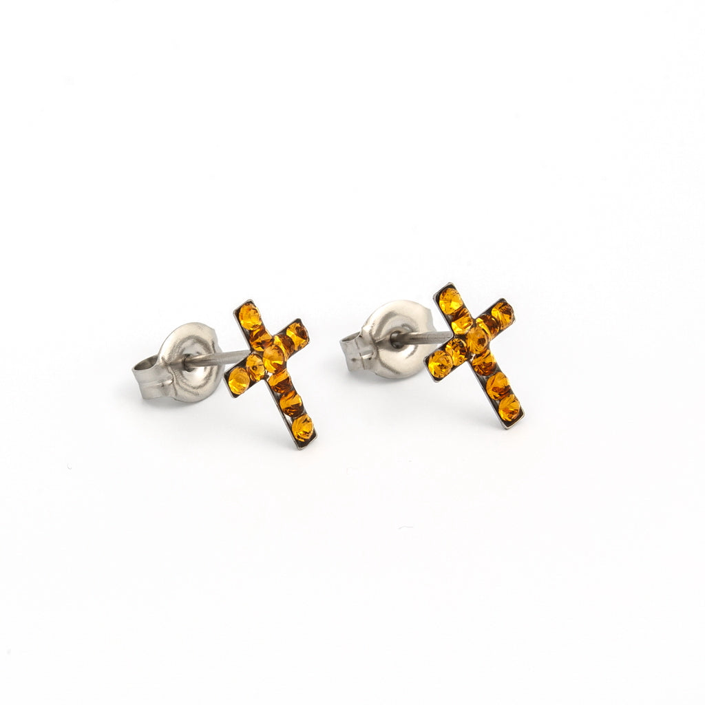 Sensitive™ Puff Pad Prong-Set Birthstone Fashion Studs – Cross – November Topaz Crystal – Stainless Steel