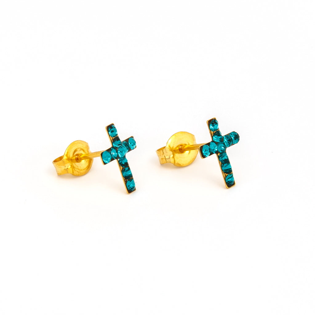 Sensitive™ Puff Pad Prong-Set Birthstone Fashion Studs – Cross – December Blue Zircon – Gold-Plated