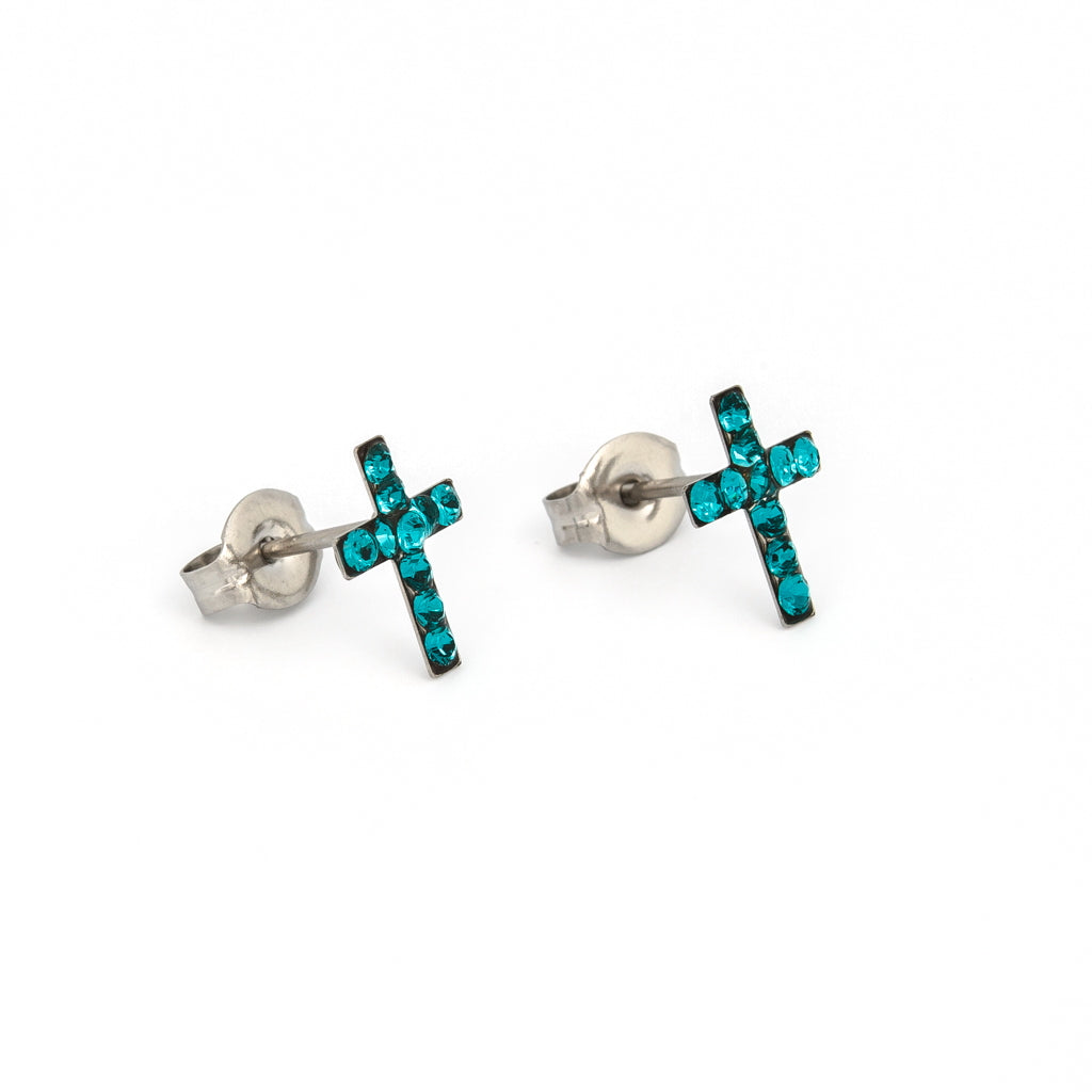 Sensitive™ Puff Pad Prong-Set Birthstone Fashion Studs – Cross – December Blue Zircon – Stainless Steel