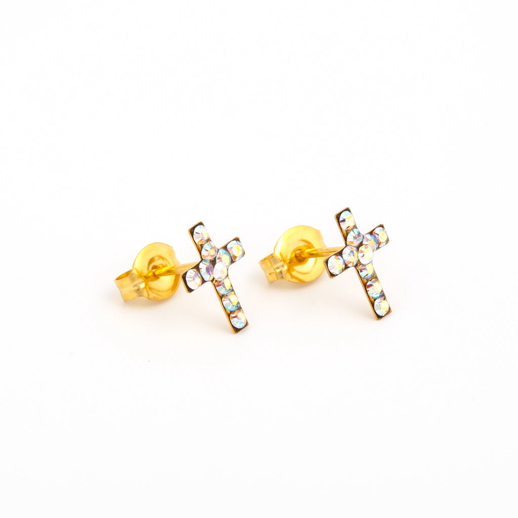Sensitive™ Puff Pad Fashion Studs – Cross – Aurora Borealis Crystal – Gold-Plated