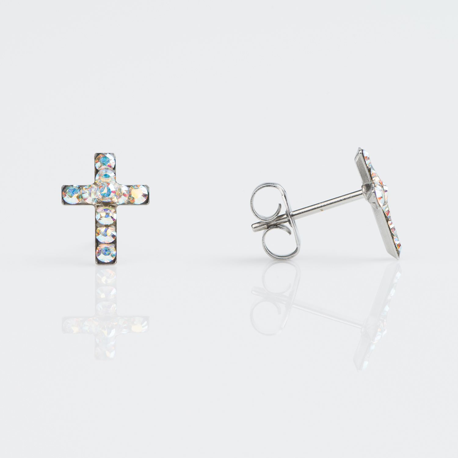 Sensitive™ Puff Pad Fashion Studs – Cross – Aurora Borealis Crystal – Stainless Steel
