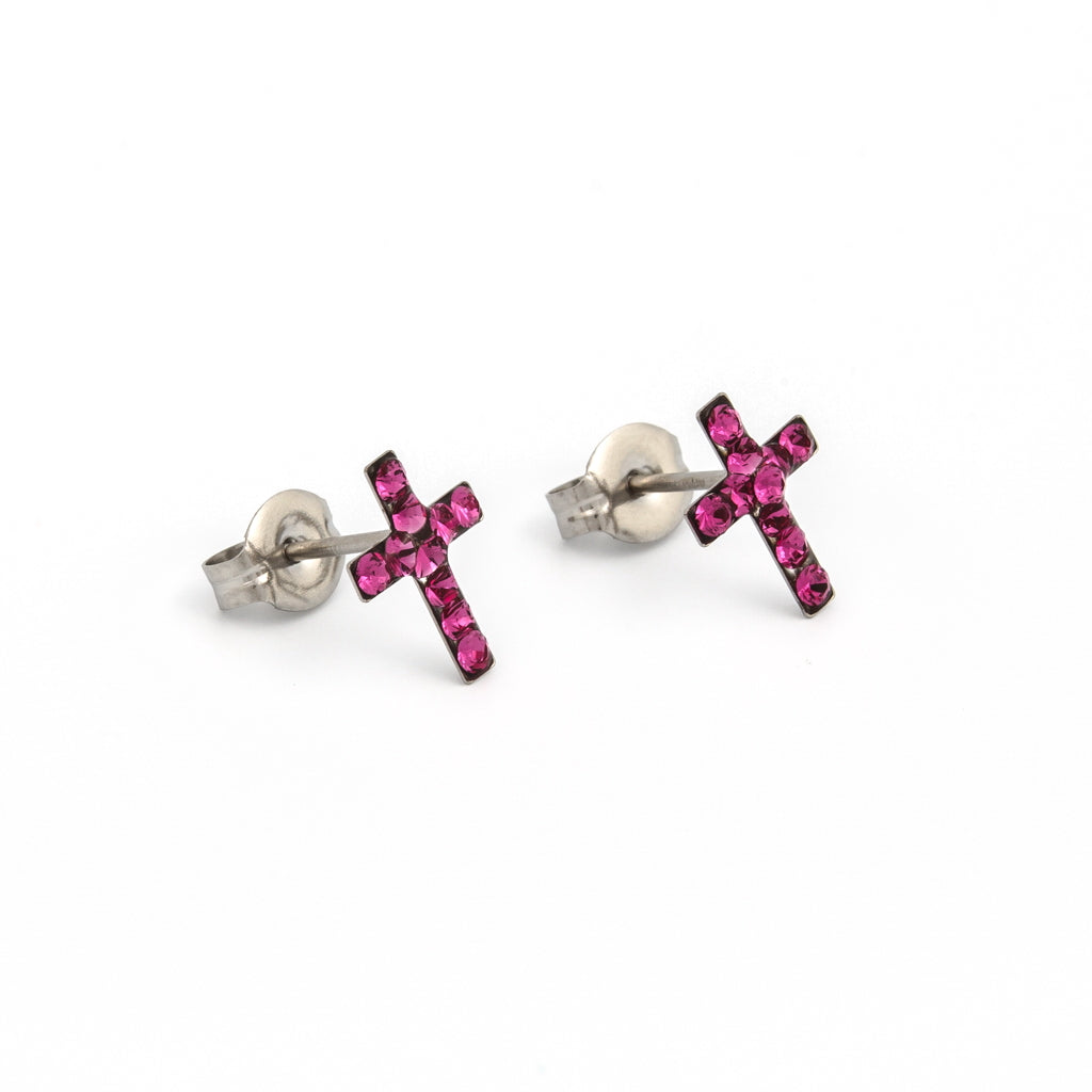 Sensitive™ Puff Pad Fashion Studs – Cross – Fuchsia Crystal – Stainless Steel