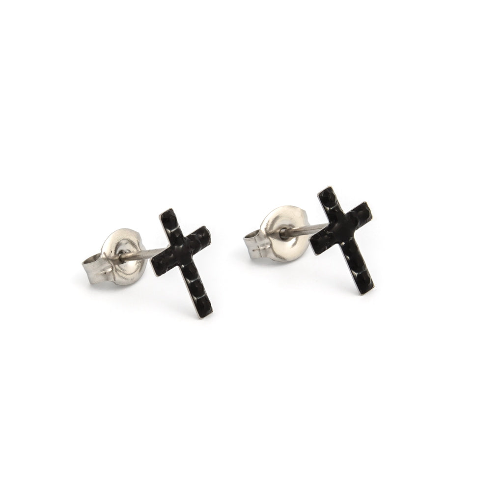 Sensitive™ Puff Pad Fashion Studs – Cross – Jet Crystal – Stainless Steel