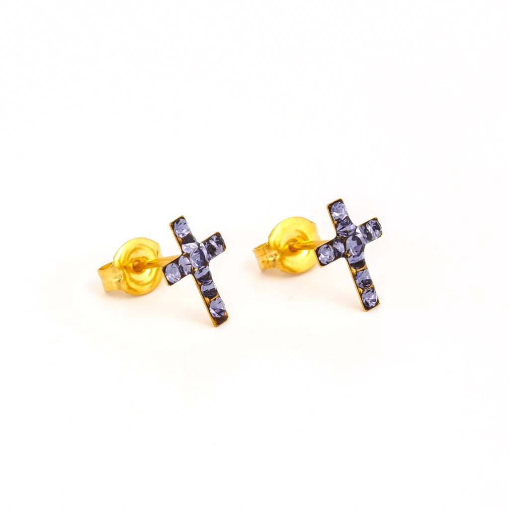 Sensitive™ Puff Pad Fashion Studs – Cross – Tanzanite Crystal – Gold-Plated