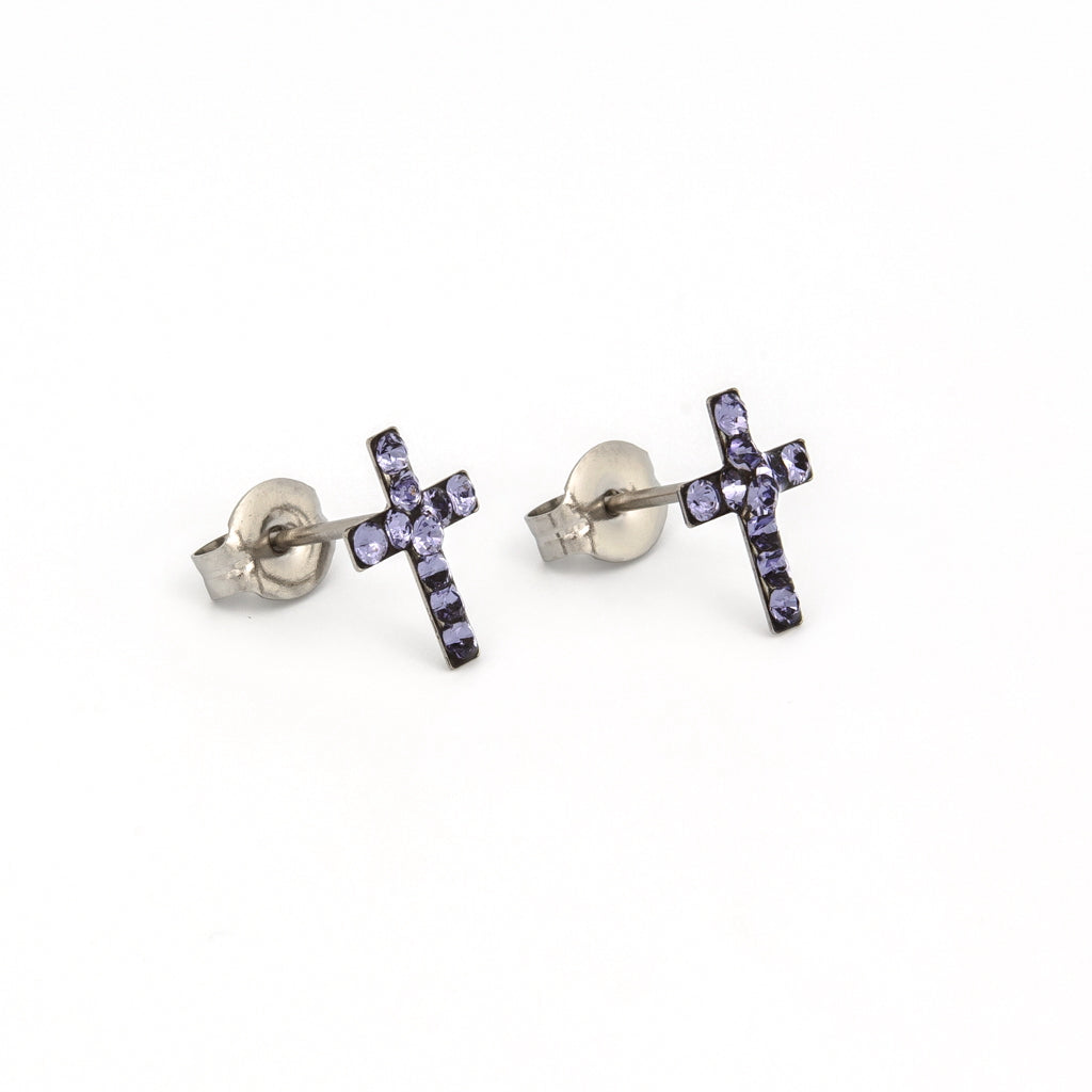 Sensitive™ Puff Pad Fashion Studs – Cross – Tanzanite Crystal – Stainless Steel
