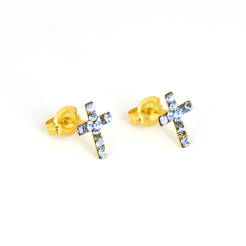 Sensitive™ Puff Pad Fashion Studs – Cross – Light Sapphire Crystal – Gold-Plated