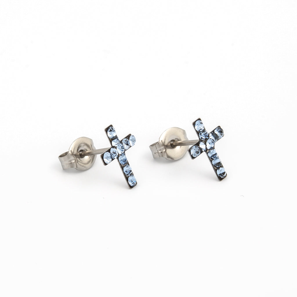 Sensitive™ Puff Pad Fashion Studs – Cross – Light Sapphire Crystal – Stainless Steel