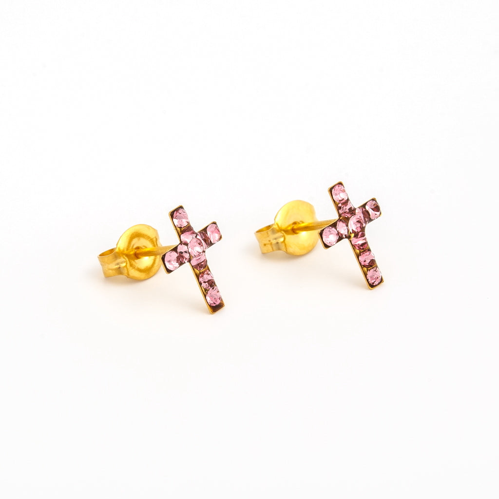 Sensitive™ Puff Pad Fashion Studs – Cross – Light Rose Crystal – Gold-Plated